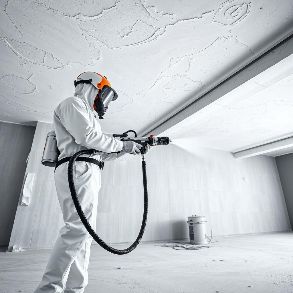 SPF applicator in full PPE spraying polyurethane foam in commercial building
